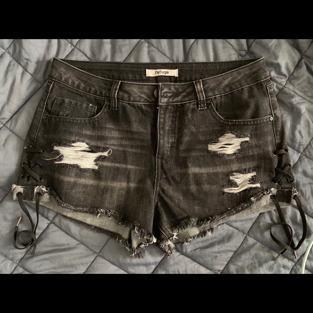 Refuge black denim jean shorts side tie lace up 6